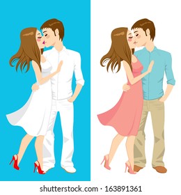 Sweet couple kissing and hugging on two different clothing color styles isolated on white and blue background