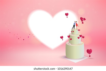 Sweet couple kissing on valentine's day cake with heart flowers and flying red hearts. pink background, 3d, Vector illustration. Wallpaper, flyers, invitation, posters, brochure, banners.