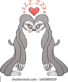 Sweet couple of lazy gray sloths in love sleeping placidly. They're leaning against each other's head and showing a red heart and onomatopoeic sleep signs above them