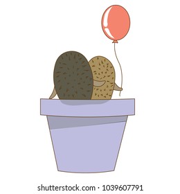 A sweet couple in love is eating in a flowerpot. Gentle illustration.