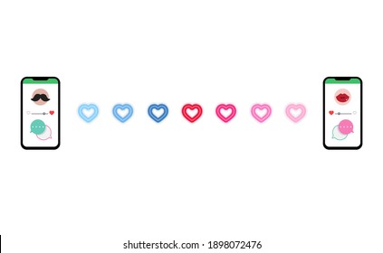 Sweet couple Mobile App chating with blue and pink light fade in heart shape.