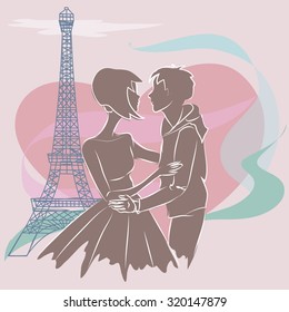 Sweet couple in Paris near the Eiffel tower. Big heart background, hand-drawn illustration