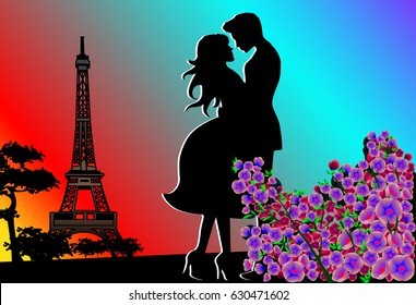 Sweet couple in Paris near the Eiffel tower.Beautiful modern vector illustration.