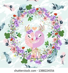 Sweet a couple peacock in floral wreath with feather with light blue background,illustration vector doodle comic art.
