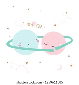 Sweet couple of planets hugging. Cute romantic graphic. Vector hand drawn illustration.