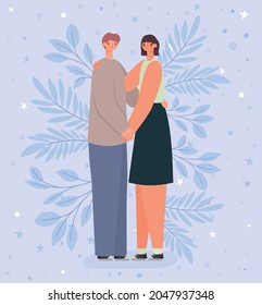 sweet couple representation with leaves