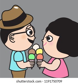 Sweet Couple Sharing Ice Cream Flavour Concept Card Character illustration