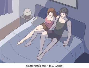 Sweet Couple Sitting Bed Night Relaxed: เ ว ก เ ต อ ร ส ต อ 