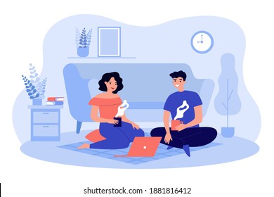 Sweet couple sitting on floor at laptop in apartment, drinking tea or coffee, talking, watching movie. Vector illustration for love, relationship, hygge, leisure, comfortable home concepts