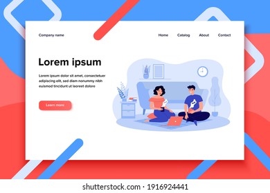 Sweet couple sitting on floor at laptop in apartment, drinking tea or coffee, talking, watching movie. Vector illustration for love, relationship, hygge, leisure, comfortable home concepts