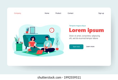 Sweet couple sitting on floor at laptop in apartment, drinking tea or coffee, talking, watching movie. Vector illustration for love, relationship, hygge, leisure, comfortable home concepts