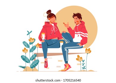 Sweet couple talking sitting on bench vector illustration. Blooming flowers outdoors flat style. Girl and guy in sportswear. Relationship and communication concept. Isolated on white background