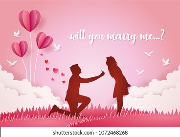 Sweet couple will be married, Love concept, air balloon love. Paper art and digital craft style. Easy for editable