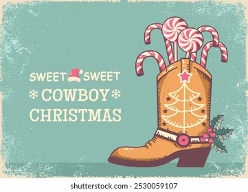 Sweet Cowboy Christmas vintage style holiday card featuring a festive cowboy boot filled with candy canes and peppermint lollipops. The charming Western holiday theme blends cozy country vibes