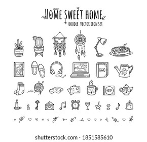 Sweet cozy home house set of elements in Doodle hand drawing style. Vector icons in Scandinavian hugge style, warm and cute