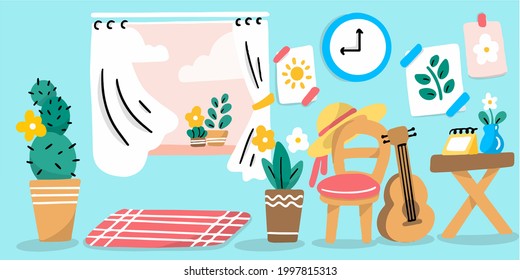 Sweet And Cozy Living Room Doodle Illustration Vector
