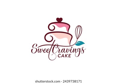 sweet cravings cake logo with a combination of cake, whisk, leaf, and beautiful lettering for cafes, restaurants, bakery shops, etc.