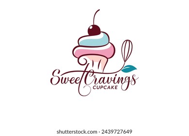 logo de sweet cravings con una combinación de cupcake, whisk y letras hermosas para cafés, restaurantes, panaderías, etc.