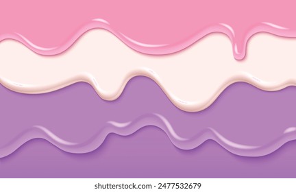 Sweet cream drip. Pink candy slime paint liquid background. Jelly dessert flow texture. 3d glossy syrup glaze wave banner. Abstract pastel bubblegum yummy fluid yogurt layer down abstract graphic