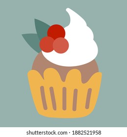 Sweet creamy cupcake with berries and leaves. Vector simple flat illustration