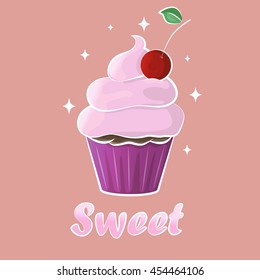 Sweet, creamy cupcake with cherry. Vector illustration.