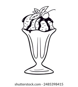 Sweet creamy dessert with cherry and chocolate filling in a glass. Chocolate, fruit or yogurt ice cream. Vector illustration in doodle style