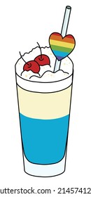 Sweet creamy long blue cocktail with rainbow LGBT equality flag colors heart. For gay bar diversity pride party invitations, cards or stickers. Doodle cartoon style illustration