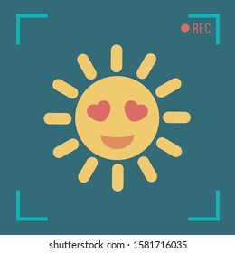 sweet creative concept sun rays emoji icon or symbol & two love red hearts eyes cartoon vector in a viewfinder video outdoor. record lovely summer flat design isolated. happy holiday & fun vacation