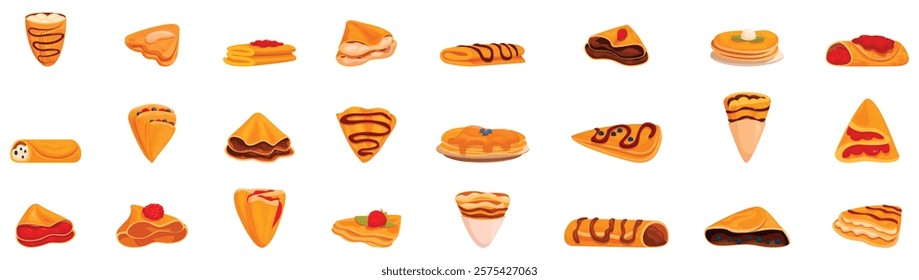 Sweet crepe icons set. Set of delicious crepes and pancakes with various toppings and fillings, showcasing different ways of serving these treats