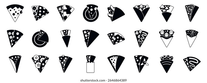  Sweet crepe icons set. Sweet and savory crepe icons depicting a range of fillings, toppings, and presentation styles
