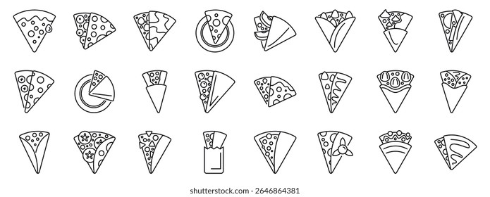  Sweet crepe icons set. Various styles of pizza slices and folded crepes with different toppings, fillings, and presentation