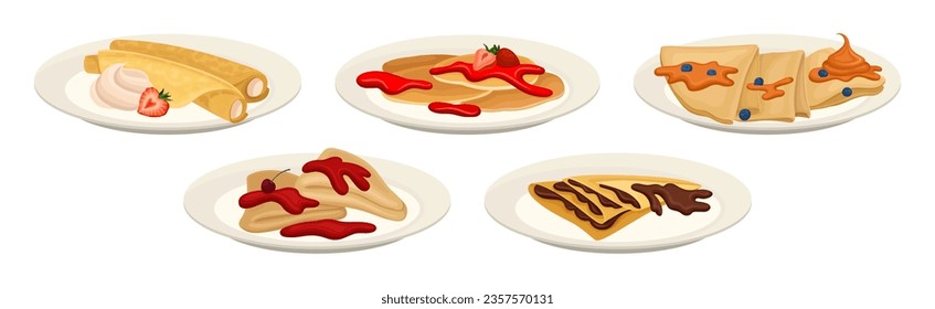 Sweet Crepe or Pancake with Filling and Topping Served on Plate Vector Set