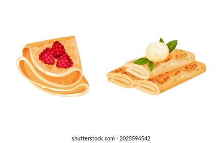 Sweet Crepe or Pancake Served with Cheese and Raspberry Filling Vector Set
