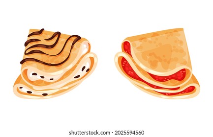 Sweet Crepe or Pancake Served with Cream and Berry Filling Vector Set