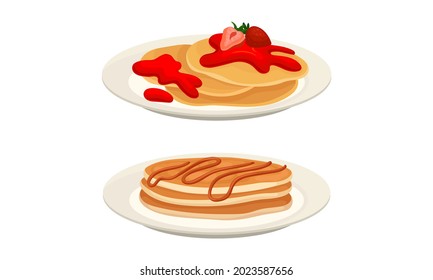 Sweet Crepe or Pancake Served on Plate with Strawberry Jam and Caramel Vector Set