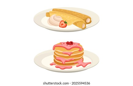 Crepe dulce o panqueque servido en placa con conjunto vectorial de mermelada de crema y frambuesa