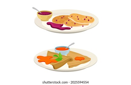 Sweet Crepe or Pancake Served on Plate with Berry Syrup and Caramel Vector Set