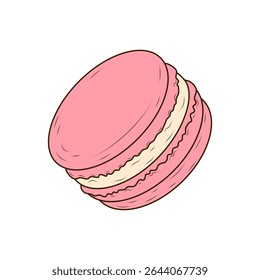 Macaroon rosa doce e crocante com creme de manteiga. Massa francesa sobre fundo branco. Ilustração vetorial em plano, estilo cartoon para café, padaria, bistrô, restaurante.