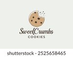 sweet crumbs cookie logo with a bitten cookie and beautiful lettering for cookie shop, bakery, snack, cafe, etc. 