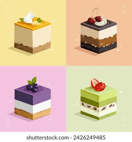 Sweet cube dessert cake, Chocolate, Mocca, Matcha, Strawberry, Blueberry, Lemon, Orange
