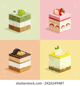 Sweet cube dessert cake, Chocolate, Mocca, Matcha, Strawberry, Blueberry, Lemon, Orange