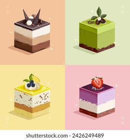 Sweet cube dessert cake, Chocolate, Mocca, Matcha, Strawberry, Blueberry, Lemon, Orange