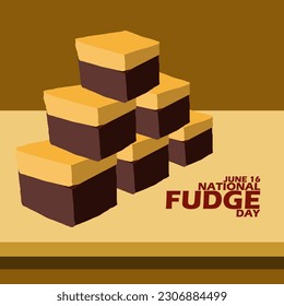 A sweet cube-shaped snack called fudge with chocolate and caramel flavors on wooden plate with bold texts on brown background to celebrate National Fudge Day June 16