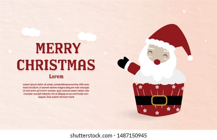 sweet cup cake santa christmas cover patel paper cut background smile cover wording love cloud red bakery product kawaii style winter new year merry belt yummy hat star cartoon cute holiday card greet