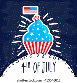 Sweet Cupcake in American Flag colors on blue background, Elegant greeting card design for 4th of July, Independence Day celebration.