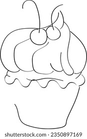 Sweet cupcake with berries on a white background. Sweet cream pastries drawn with a contour on a white background. Vector illustration.