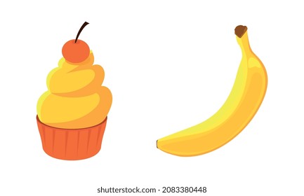 Sweet Cupcake with Berry on Top and Banana Vector Set