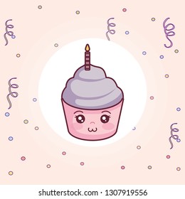 sweet cupcake with candle kawaii character