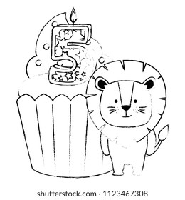 sweet cupcake with candle number five and lion