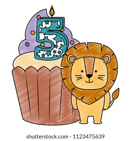 sweet cupcake with candle number five and lion